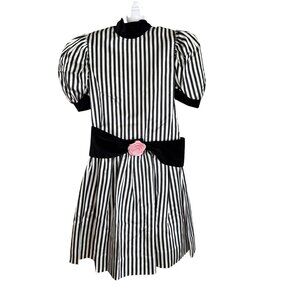 Sylvia Whyte Vintage Girls Puff Sleeve Striped Dress With Velvet Accents